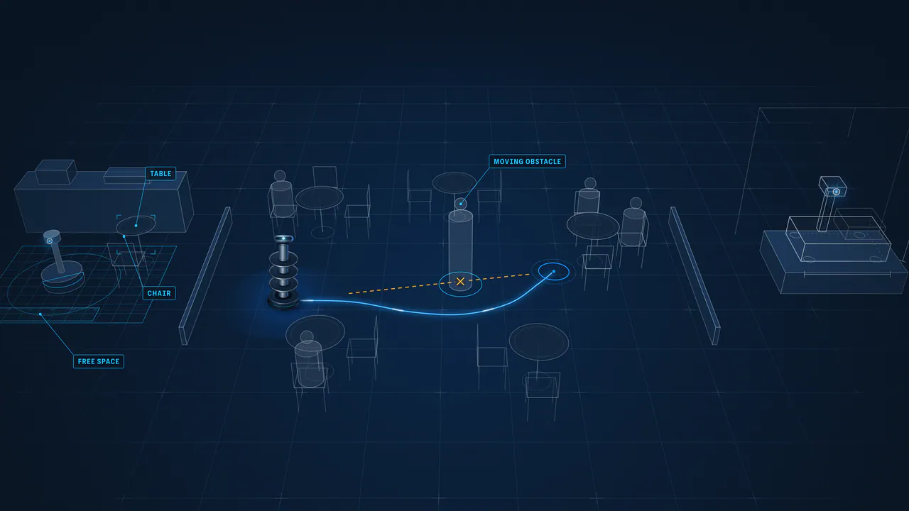 Illustrative maquette of three zones: a robot reading a research bench, a U1 re-planning around a guest, and a custom platform in outline.