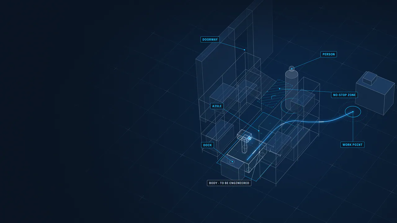 Illustrative work site: perception labels mark an aisle, a doorway, a person, a work point and a dock; an outline robot body fits the blue route.
