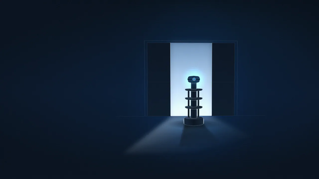 Illustrative still: a U1 glides in through the lit doors of a dark venue it has never seen, its blue core lit.