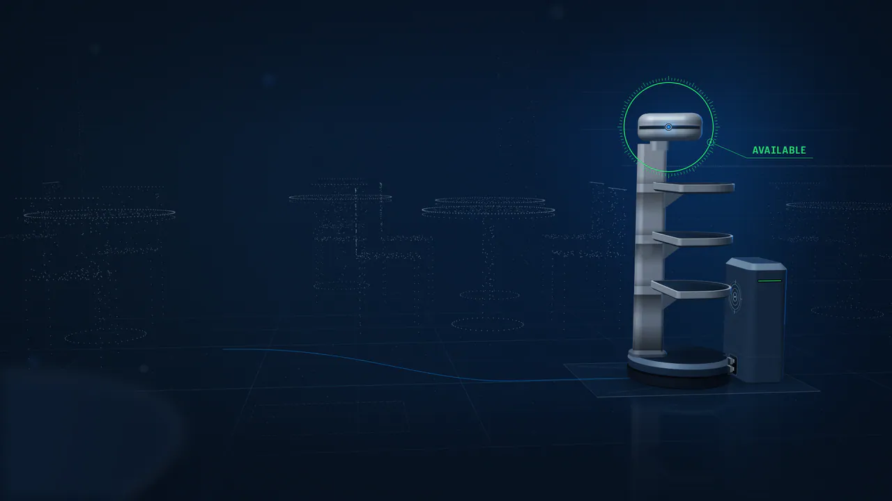 Illustrative film: a U1 completes a task, decides to charge, navigates to its dock, aligns, connects and reports available.