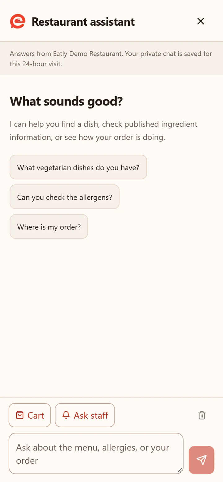 Eatly restaurant assistant on a phone: “What sounds good?” with suggested questions about vegetarian dishes, allergens and order status, and a message box.