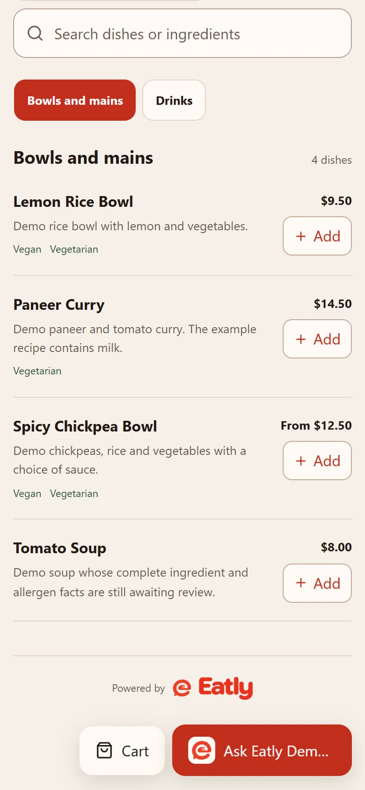 Eatly guest screen on a phone: the menu with a dish search, categories, prices and vegan and vegetarian labels, plus Cart and Ask buttons.