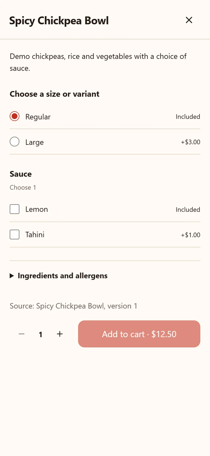 Eatly dish options on a phone: size choices, a sauce choice, an ingredients and allergens section, and an Add to cart button.